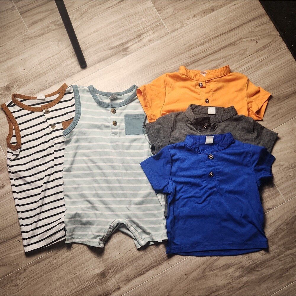 SHEIN Baby Boy Romper Shirt Lot 5Pc Blue Striped Cotton Short Sleeve Outfit